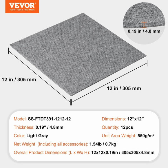 VEVOR Carpet Tiles Peel and Stick, Squares Self Adhesive Carpet Floor Tile, Soft Padded Carpet Tiles, Easy Install DIY for Bedroom Living Room Indoor Outdoor (12 Tiles, Light Gray) - RnR Galore