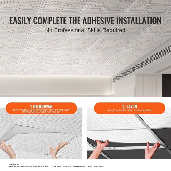 VEVOR Ceiling Tiles 12 - Pack 24 x 24 in PVC Easy Installation White Echo Pattern - RnR Galore