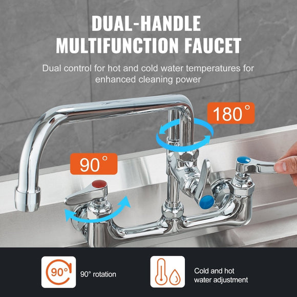 VEVOR Commercial Faucet with Pre - Rinse Sprayer, 21" Height, 8" Center, 12" Swing Spout, Wall Mount Kitchen Sink Faucet, Brass Constructed Device with Pull Down Spray, for 1/2/3 Compartment Sink - RnR Galore