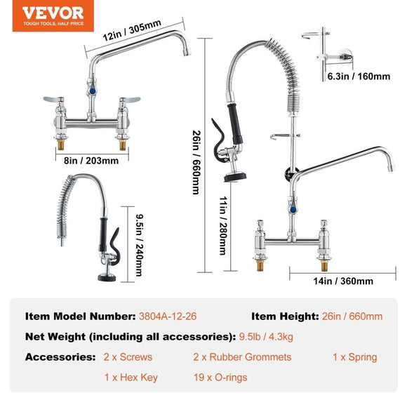 VEVOR Commercial Faucet with Pre - Rinse Sprayer, 26" Height, 8" Center, 12" Swing Spout, Deck Mount Kitchen Sink Faucet, Brass Constructed Device with Pull Down Spray, for 1/2/3 Compartment Sink - RnR Galore