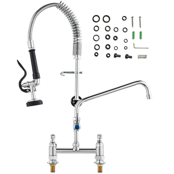VEVOR Commercial Faucet with Pre - Rinse Sprayer, 26" Height, 8" Center, 12" Swing Spout, Deck Mount Kitchen Sink Faucet, Brass Constructed Device with Pull Down Spray, for 1/2/3 Compartment Sink - RnR Galore