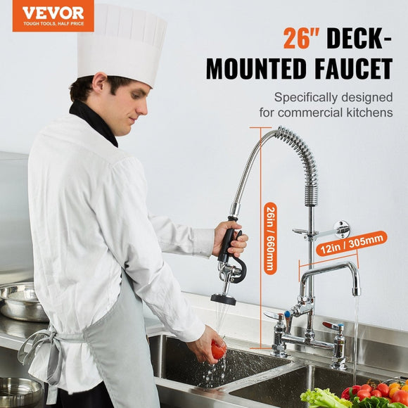 VEVOR Commercial Faucet with Pre - Rinse Sprayer, 26" Height, 8" Center, 12" Swing Spout, Deck Mount Kitchen Sink Faucet, Brass Constructed Device with Pull Down Spray, for 1/2/3 Compartment Sink - RnR Galore