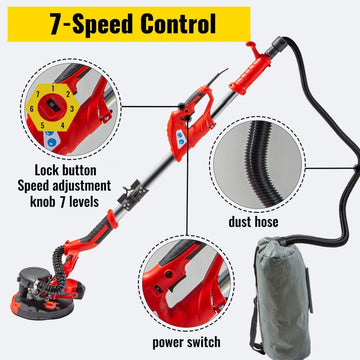VEVOR Drywall Sander 750W Electric, Electric Sander Variable Speed 800 - 1750RPM, Drywall Sander Foldable Sheetrock Sander, with Telescope Handle ,Vacuum Bag Drywall Sanders 6 Sand Pads - RnR Galore