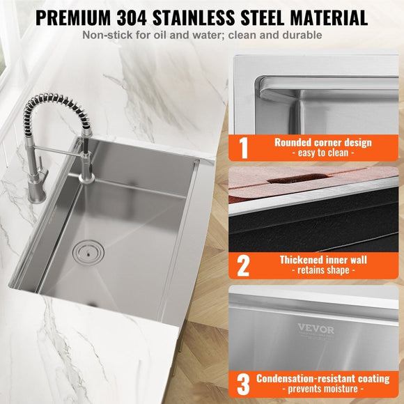 VEVOR 30 inch Stainless Steel Farmhouse Kitchen Sink with Single Bowl, Ledge & Accessories - RnR Galore