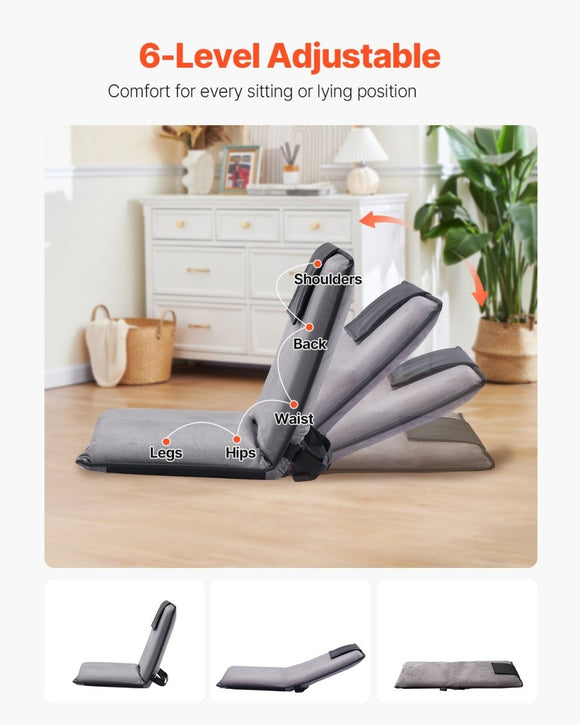 VEVOR Floor Chair, 6 - Position Adjustable Meditation Chair with Back Support, Folding Sofa Chair for Reading TV Watching and Gaming, Portable Floor Seat Lounge Sofa Chair for Kids Teens Adults, Gray - RnR Galore