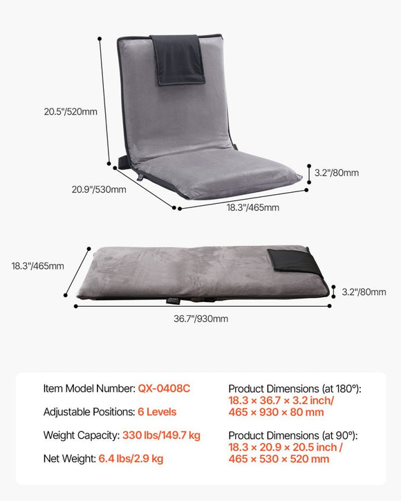 VEVOR Floor Chair, 6 - Position Adjustable Meditation Chair with Back Support, Folding Sofa Chair for Reading TV Watching and Gaming, Portable Floor Seat Lounge Sofa Chair for Kids Teens Adults, Gray - RnR Galore