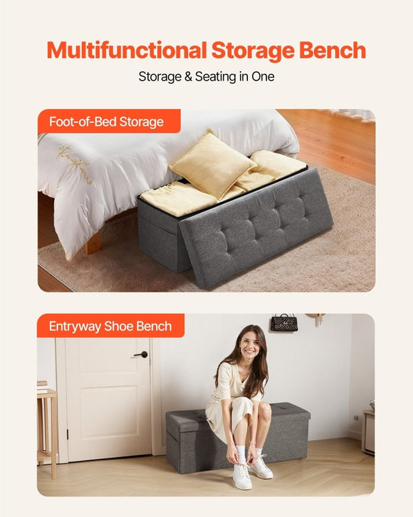 VEVOR Foldable Storage Ottoman Bench, End of Bed Bench with Side Bags, Folding Upholstered Storage Chest Supports 660 lbs, Linen Bed Ottoman with Large Space for Living Room, Bedroom, Entryway, Grey - RnR Galore