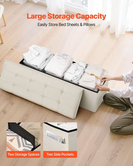 VEVOR Foldable Storage Ottoman Bench, End of Bed Bench with Side Bags, Folding Upholstered Storage Chest Supports 660 lbs, Linen Bed Ottoman with Large Space for Living Room, Bedroom, Entryway, Beige - RnR Galore