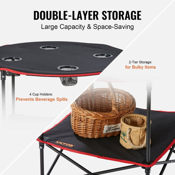 VEVOR Folding Camping Table, Outdoor Portable Side Tables, Lightweight Fold Up Table, 600D Oxford Fabric & Steel Ultra Compact Work Table with Large Storage & Carry Bag, For Beach Picnic, 28.3"x24" - RnR Galore