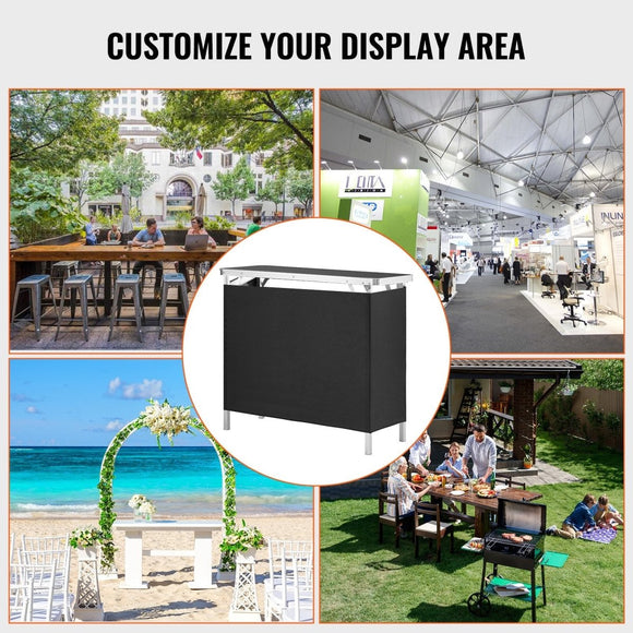 VEVOR Folding Portable Bar Table, Tradeshow Podium Table for Indoor, Outdoor, Party, Picnic, Exhibition, Includes Carrying Case, Storage Shelf and Black Skirt, 38.39" x 15.16" x 34.25“ - RnR Galore