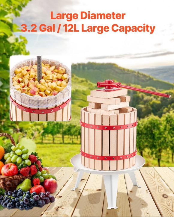 VEVOR Fruit Wine Press Manual Press for Wine Making 3.2 Gal/12L Wood Basket - RnR Galore