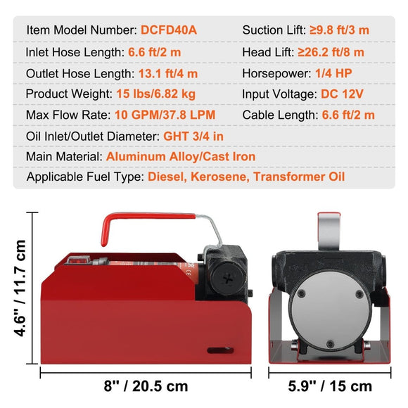 Portable 12V DC Fuel Transfer Pump Kit, 10 GPM, Electric Diesel Extractor with Auto Nozzle & Hoses - RnR Galore