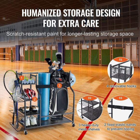 VEVOR Golf Storage Garage Organizer, 2 Golf Bag Stand Holder and Other Sports Equipment Storage Rack, Rolling Ball Cart on Wheels, Outdoor Sport Gear and Toy Storage with Baskets & Hooks, Steel, Black - RnR Galore