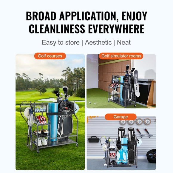 VEVOR Golf Storage Garage Organizer, 2 Golf Bag Stand Holder and Other Sports Equipment Storage Rack, Rolling Ball Cart on Wheels, Outdoor Sport Gear and Toy Storage with Baskets & Hooks, Steel, Black - RnR Galore
