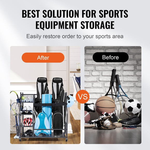VEVOR Golf Storage Garage Organizer, 2 Golf Bag Stand Holder and Other Sports Equipment Storage Rack, Rolling Ball Cart on Wheels, Outdoor Sport Gear and Toy Storage with Baskets & Hooks, Steel, Black - RnR Galore