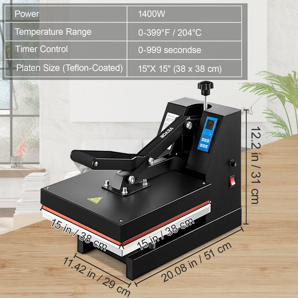 VEVOR Heat Press 15X15 Inch Heat Press Machine Industrial Quality Power T Shirt Heat Press Sublimation Machine Clamshell Heat Press Machine for T Shirts - RnR Galore