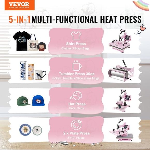 VEVOR Heat Press Machine 12x15 in 5 in 1 with 30oz Tumbler Press T-Shirts Pink - RnR Galore