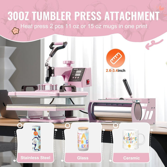 VEVOR Heat Press Machine 12x15 in 5 in 1 with 30oz Tumbler Press T-Shirts Pink - RnR Galore