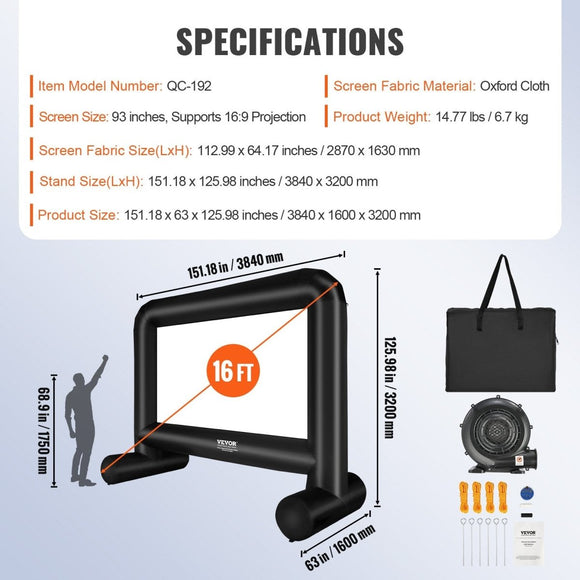 16 FT Inflatable Movie Screen with Blower, Front/Rear Projection for Outdoor Parties, Oxford Fabric - RnR Galore