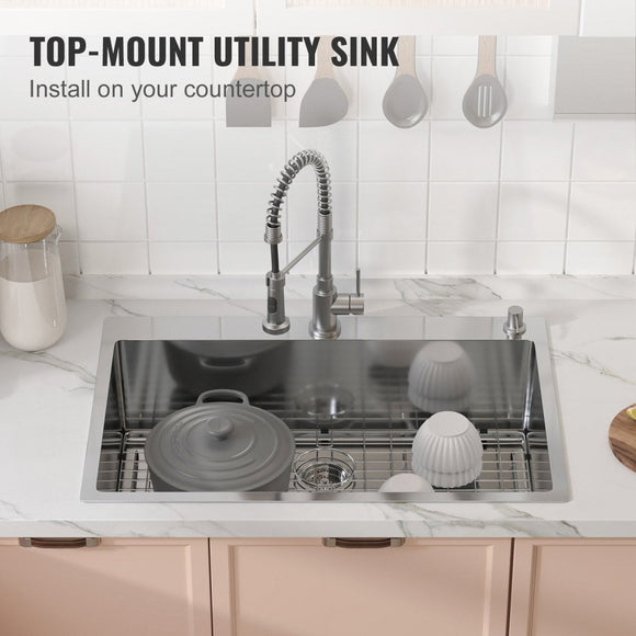 VEVOR Kitchen Sink, 304 Stainless Steel Drop - In Sinks, Top Mount Single Bowl Basin with Accessories(Pack of 3), Household Dishwasher Sinks for Workstation, RV, Prep Kitchen, and Bar Sink, 33 inch - RnR Galore