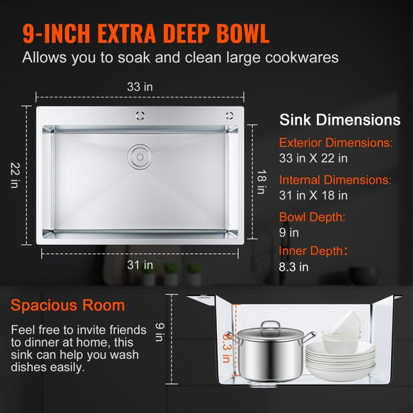 VEVOR Kitchen Sink, 304 Stainless Steel Drop - In Sinks, Top Mount Single Bowl Basin with Accessories(Pack of 3), Household Dishwasher Sinks for Workstation, RV, Prep Kitchen, and Bar Sink, 33 inch - RnR Galore