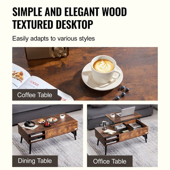 VEVOR Lift Top Coffee Table 39.4 in Rectangle Coffee Table for Living Room Brown - RnR Galore
