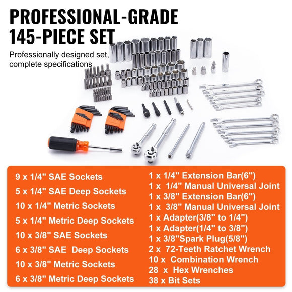 VEVOR Mechanics Tool Set and Socket Set 1/4in 3/8in Drive 145 Pcs SAE and Metric - RnR Galore