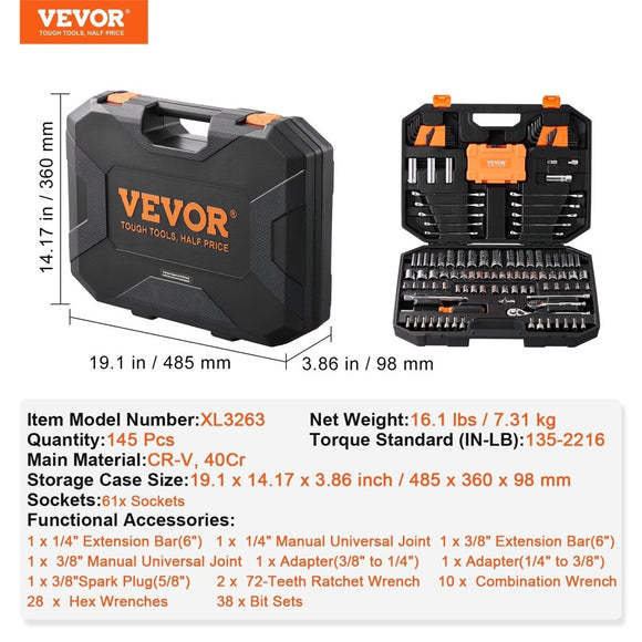 VEVOR Mechanics Tool Set and Socket Set 1/4in 3/8in Drive 145 Pcs SAE and Metric - RnR Galore
