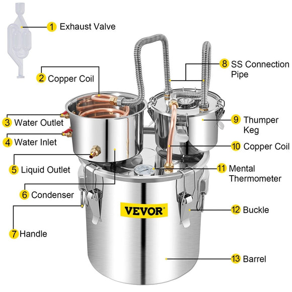 VEVOR Moonshine Still Water Alcohol Distiller 50L w/Thumper Keg & Water Pump - RnR Galore