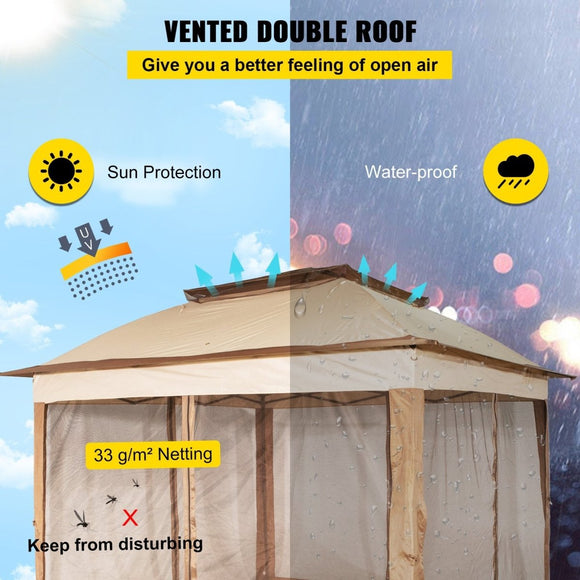 VEVOR Outdoor Canopy Gazebo Tent, Portable Canopy Shelter with 11\'x11\' Large Shade Space for Party, Backyard, Patio Lawn and Garden, 4 Sandbags, Carrying Bag and Netting Included, Brown - RnR Galore