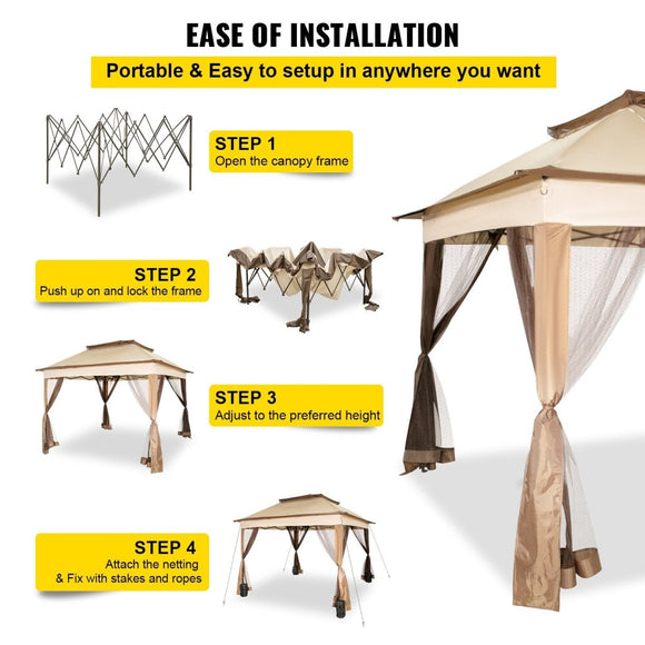 VEVOR Outdoor Canopy Gazebo Tent, Portable Canopy Shelter with 11\'x11\' Large Shade Space for Party, Backyard, Patio Lawn and Garden, 4 Sandbags, Carrying Bag and Netting Included, Brown - RnR Galore