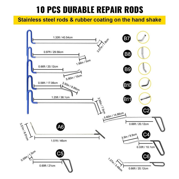 VEVOR Paintless Dent Removal Rods Stainless Steel Rod Tool Kit 89pcs Dent Repair - RnR Galore