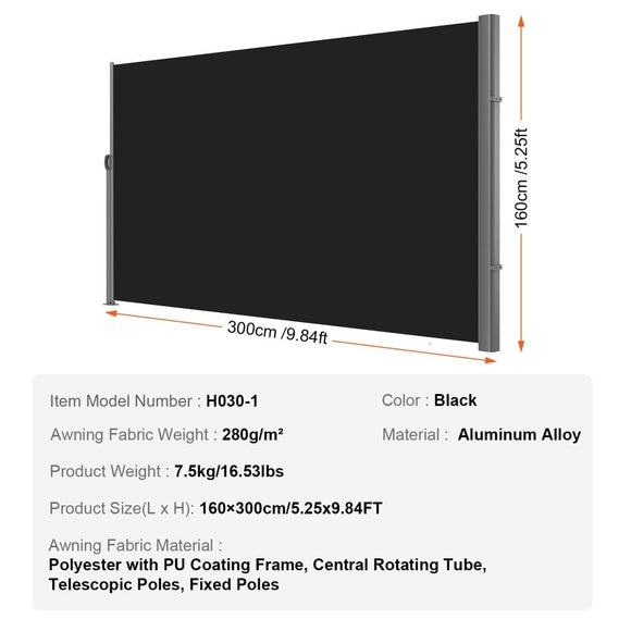 VEVOR Retractable Side Awning, 160X300cm Aluminum Outdoor Privacy Screen, 280g Polyester Water - proof Retractable Patio Screen, UV 30+ Room Divider Wind Screen for Patio, Backyard, Balcony, Black - RnR Galore