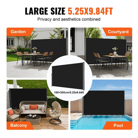 VEVOR Retractable Side Awning, 160X300cm Aluminum Outdoor Privacy Screen, 280g Polyester Water - proof Retractable Patio Screen, UV 30+ Room Divider Wind Screen for Patio, Backyard, Balcony, Black - RnR Galore