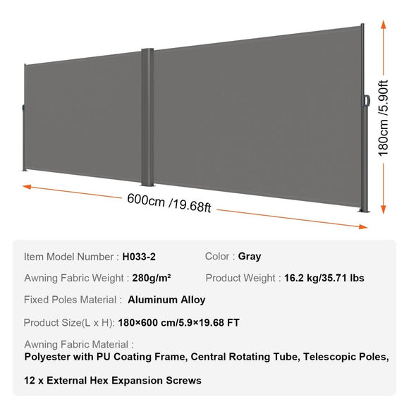 VEVOR Retractable Side Awning, 180X600cm Aluminum Outdoor Privacy Screen, 280g Polyester Water - proof Retractable Patio Screen, UV 30+ Room Divider Wind Screen for Patio, Backyard, Balcony, Gray - RnR Galore