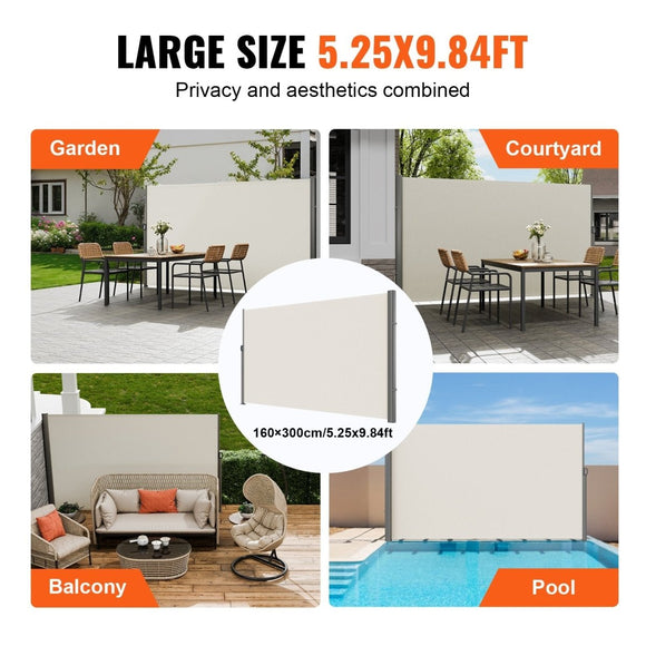 VEVOR Retractable Side Awning,160X300cm Aluminum Outdoor Privacy Screen, 280g Polyester Water - proof Retractable Patio Screen, UV 30+ Room Divider Wind Screen for Patio, Backyard, Balcony, Beige - RnR Galore