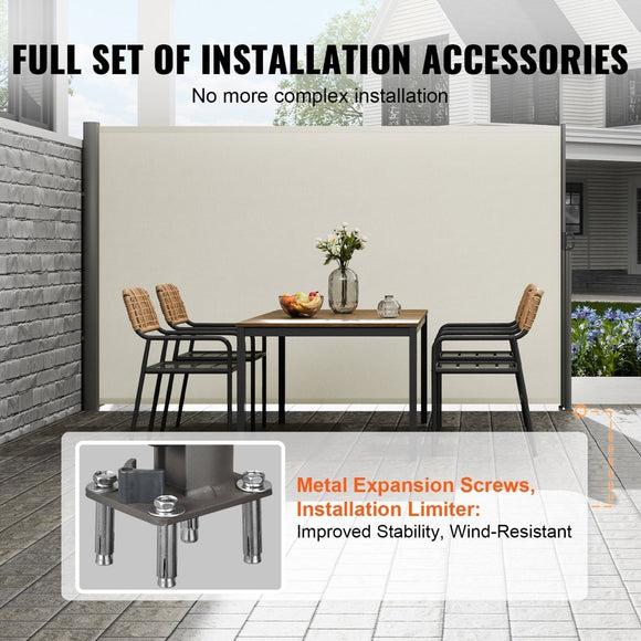 VEVOR Retractable Side Awning,160X300cm Aluminum Outdoor Privacy Screen, 280g Polyester Water - proof Retractable Patio Screen, UV 30+ Room Divider Wind Screen for Patio, Backyard, Balcony, Beige - RnR Galore