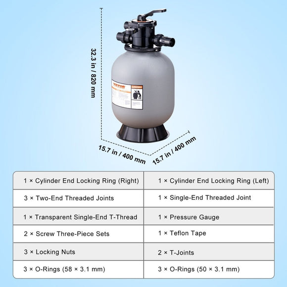 VEVOR Sand Filter, 16 - inch, 406.4mm, Up to 35 GPM Flow Rate, Above Inground Swimming Pool Sand Filter System with 7 - Way Multi - Port Valve, Filter, Backwash, Rinse, Recirculate, Waste, Winter, Closed Functions - RnR Galore