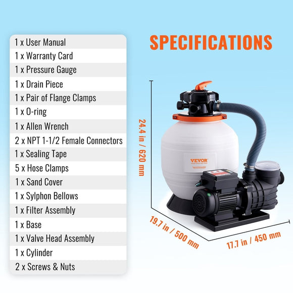 VEVOR Sand Filter Above Ground with 450W Pool Pump 13,000 L/H Flow 6 - Way Valve - RnR Galore