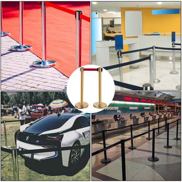VEVOR Stanchion Post Barriers 6 - Set Line Dividers, Stainless Steel Stanchions with 6.6 Red Retractable Belts, Stanchions with One Sign Frame, 34.6 Queue Safety Stanchions (Gold) - RnR Galore