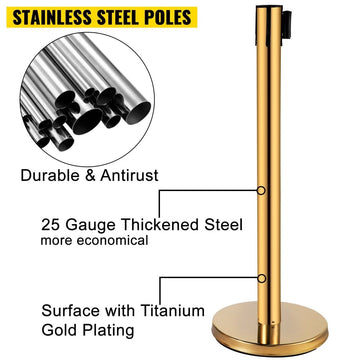 VEVOR Stanchion Post Barriers 6 - Set Line Dividers, Stainless Steel Stanchions with 6.6 Red Retractable Belts, Stanchions with One Sign Frame, 34.6 Queue Safety Stanchions (Gold) - RnR Galore