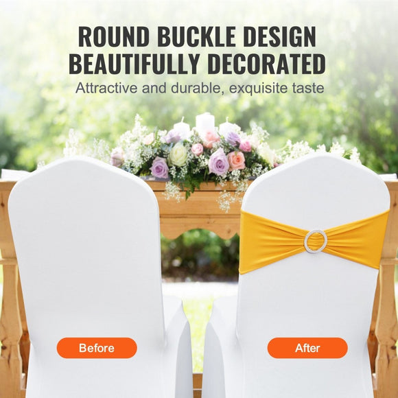 VEVOR Stretch Spandex Chair Sashes, Chair Slipcover and Stretch Chair Sash with Round Buckle, Elastic Chair Bands, Fitting Wedding, Holiday, Banquet, Party Chair Decoration (100 PCS Golden Yellow) - RnR Galore