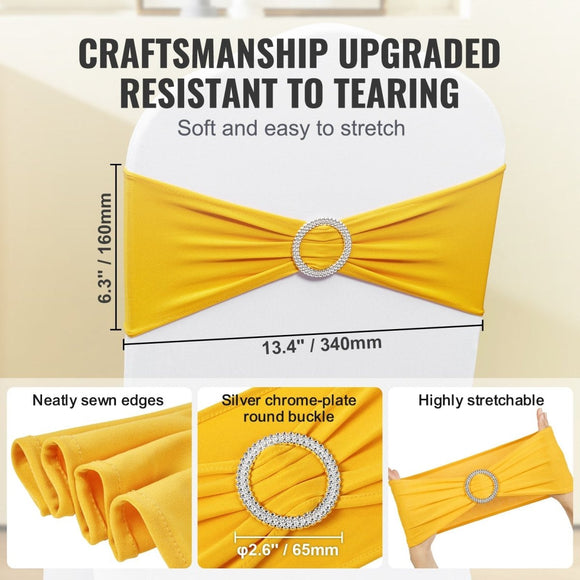 VEVOR Stretch Spandex Chair Sashes, Chair Slipcover and Stretch Chair Sash with Round Buckle, Elastic Chair Bands, Fitting Wedding, Holiday, Banquet, Party Chair Decoration (100 PCS Golden Yellow) - RnR Galore