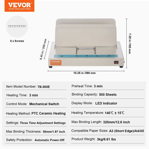VEVOR Thermal Binding Machine, 500 Sheets Capacity Book Binding Machine, Thermal Book Binder 50mm Binding Thickness A3(Short Edge)/A4/A5 Document, with Infrared Optical Detection - RnR Galore