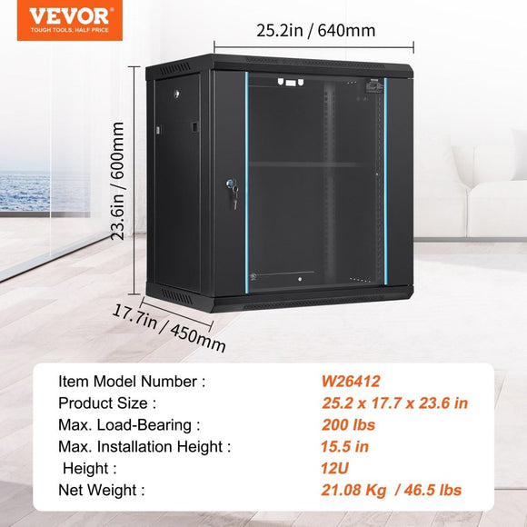 VEVOR Wall Mount Server Cabinet, Locking Glass Door, 90.72 kg Load Capacity, for IT & A/V Equipment - RnR Galore