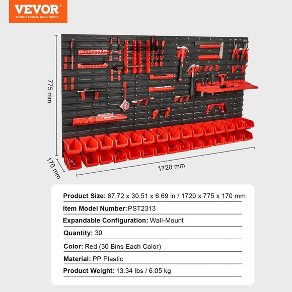 VEVOR Wall Mounted Storage Bins, 30 - Bin Parts Rack Organizer Garage Plastic Shop Tool with Wall Panels/Tool Holders/Hooks, Tool Organizer for Nuts, Bolts, Screws, Nails, Beads, Buttons, Black and Red - RnR Galore