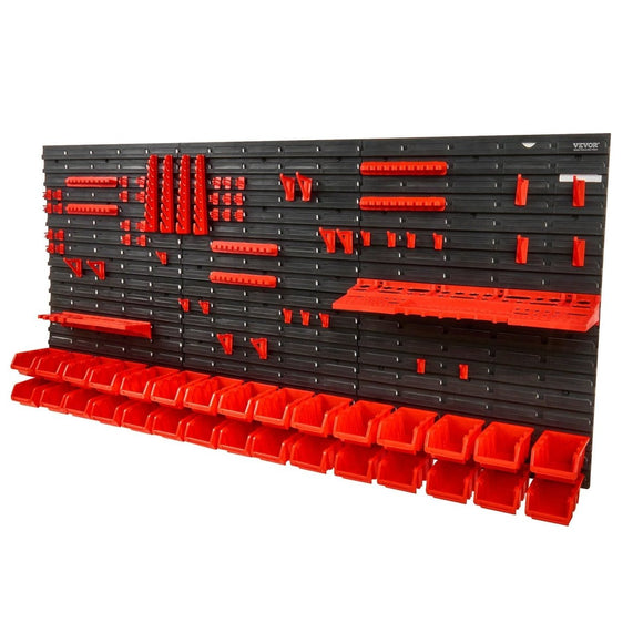 VEVOR Wall Mounted Storage Bins, 30 - Bin Parts Rack Organizer Garage Plastic Shop Tool with Wall Panels/Tool Holders/Hooks, Tool Organizer for Nuts, Bolts, Screws, Nails, Beads, Buttons, Black and Red - RnR Galore