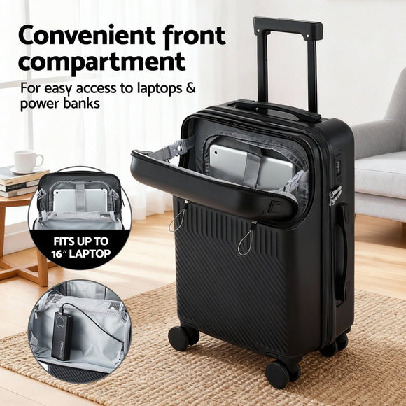 Wanderlite 20" Luggage Suitcase Front Pocket Travel Carry On TSA Black - RnR Galore
