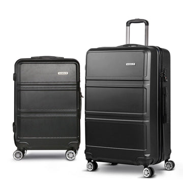 Wanderlite 2pc Luggage Trolley Set Suitcase Travel TSA Carry On Hard Case Lightweight Black - RnR Galore