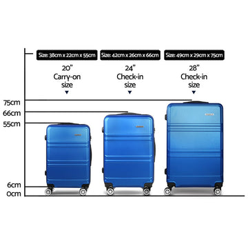 Wanderlite 3pc Luggage Trolley Set Suitcase Travel TSA Carry On Hard Case Lightweight Blue - RnR Galore